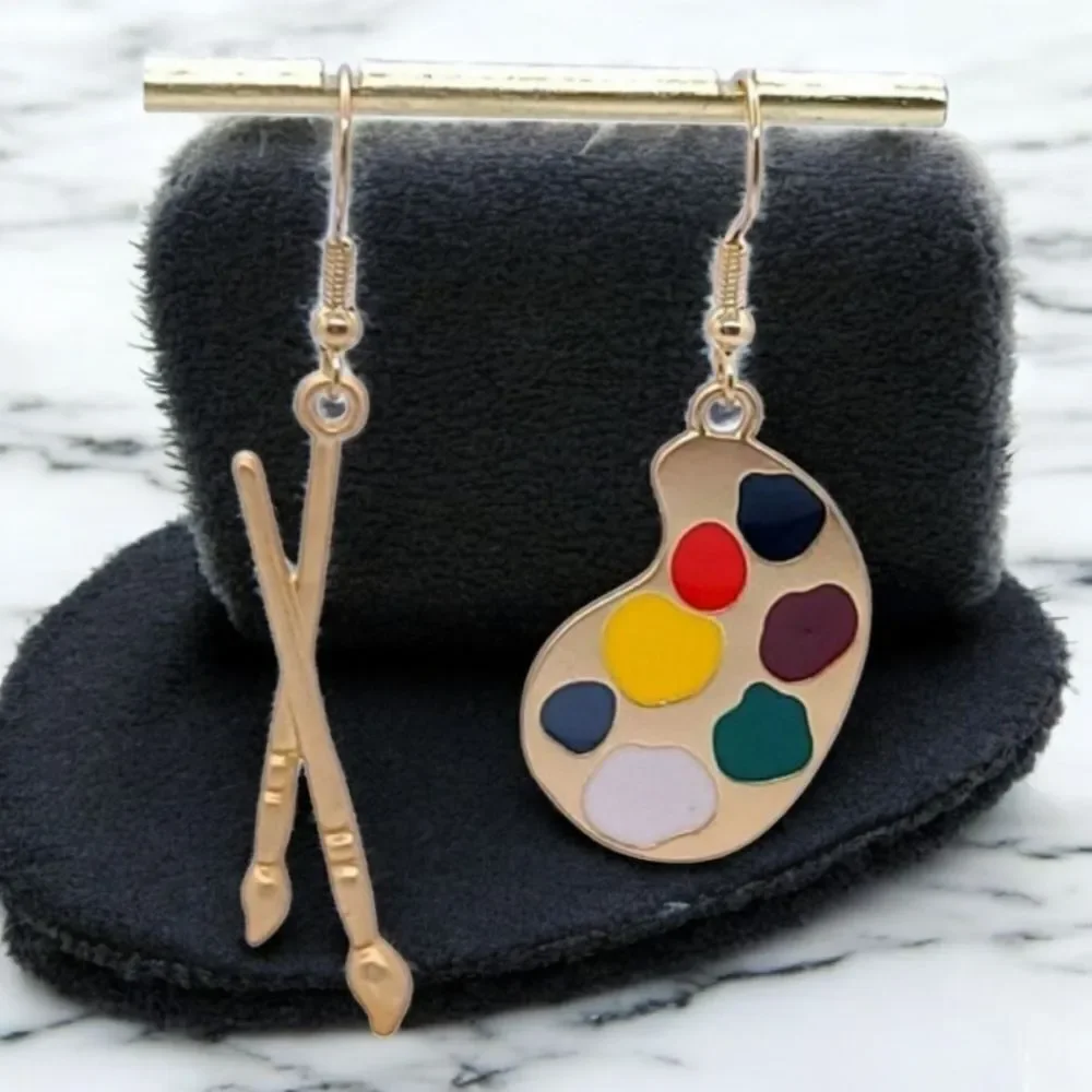 Artist Paint Palette Brush Earrings Mismatched Dangle Teacher Art Jewelry NWT